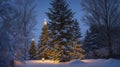 Winter twilight with a Christmas tree aglow in a snowy backyard