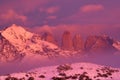 Winter twilight lanscape from Patagonia moutains with snow. Laguna Amarga, Torres del Paine National Park, Chile. Pink blue Royalty Free Stock Photo