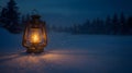 Winter Twilight Scene Ã¢â¬\' Glowing Lantern in Snowy Forest with Warm Light Royalty Free Stock Photo