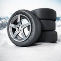 Winter tyres standing on snow. 3D illustration Royalty Free Stock Photo