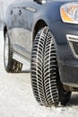 Winter tyres wheels installed on suv car outdoors Royalty Free Stock Photo