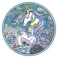 Winter unicorn ornamental color round vector illustration