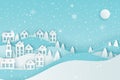 Winter urban countryside landscape, village with cute paper houses, pine trees and snow. Merry Christmas and New Year paper art b Royalty Free Stock Photo