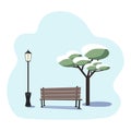 Winter urban landscape - an empty park bench, a tree in the snow and a street lamp on a blue background. Vector