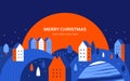Winter urban landscape in geometric minimal flat style. New year and Christmas city at night with snowdrifts, falling Royalty Free Stock Photo