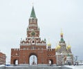 Winter urban landscape with snow from buildings and Orthodox Church Royalty Free Stock Photo