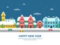 Winter urban landscape. Snowy roof city buildings night with snowflakes christmas holiday town vector illustrations Royalty Free Stock Photo