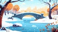 Winter urban park landscape with frozen lake and woods with stone bridge over a river or pond, snowy trees and ground Royalty Free Stock Photo