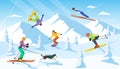 Winter vacaction ski resort scene. man and woman cross country skiing, jumping, snowboarding