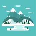 Winter vacation flat landscape.Winter time concept background in flat design with mountains and snowman.