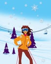 Winter vacation. Portrait of female skier standing on a ski slope at a sunny day against ski-lift on the background. Illustration Royalty Free Stock Photo