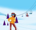 Winter vacation. Portrait of female skier standing on a ski slope at a sunny day against ski-lift on the background. Illustration Royalty Free Stock Photo