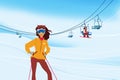 Winter vacation. Portrait of female skier standing on a ski slope at a sunny day against ski-lift on the background. Illustration Royalty Free Stock Photo