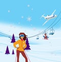 Winter vacation. Portrait of female skier standing on a ski slope at a sunny day against ski-lift on the background. Illustration Royalty Free Stock Photo