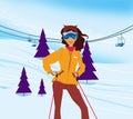 Winter vacation. Portrait of female skier standing on a ski slope at a sunny day against ski-lift on the background. Illustration Royalty Free Stock Photo