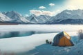 winter vacation in a tent on the shore of a snowy lake Generative AI