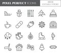 Winter vacation theme pixel perfect thin line icons. Set of elements of snow, mountains, skis, skates, sleigh, tree, clothes, hot