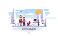 Winter Vacation Vector Backgound. White Snowy Landscape with Family