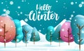 Winter vector background design. Hello winter text with doodle shape colorful trees in forest landscape for cute snow season. Royalty Free Stock Photo