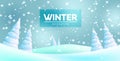 Winter vector background design. Winter text with fir trees and snow flakes frozen elements in snowy forest land for cold holiday. Royalty Free Stock Photo