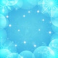 Winter vector background. Holidays greeting card. Light blue and white colors wallpaper with transparent snowflakes, bubbles, ball Royalty Free Stock Photo