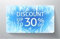 Discount coupon with frost pattern background. Frozen ice crystals with snowflakes and sale text: up to 30% off Royalty Free Stock Photo