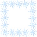 Winter vector frame of blue snowflakes. Hand drawn border, isolated. Background, backdrop, template for theme of Snowfall, Royalty Free Stock Photo