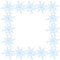 Winter vector frame of blue snowflakes. Hand drawn border, isolated. Background, backdrop, template for theme of Snowfall, Royalty Free Stock Photo