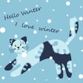 Winter vector handdrawn pattern with decorative cat, snow, text on a soft blue background. Winter t-shirt print.