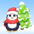 A cute cartoon penguin in a red hat and scarf stands next to the fir tree. Royalty Free Stock Photo