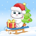 Cute cartoon white rabbit in a Santa hat with a gift and a Christmas tree on a sleigh. Royalty Free Stock Photo