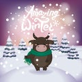 Winter vector illustration with cute happy bull