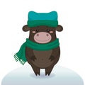 Winter vector illustration with cute happy bull