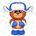 Cute cartoon brown bear in winter blue hat with with ear flaps, gloves and boots.