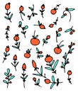 set of vector cute twigs with red fruits berries and turquoise leaves black outline on a white background hand drawn in the style Royalty Free Stock Photo