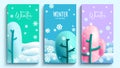 Winter vector poster set. Hello winter text in colorful background with cute doodle shape trees element for snow season cartoon. Royalty Free Stock Photo