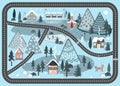 Winter vector road background with night landscape with village and church in the woods. Beautiful Christmas Nature with Royalty Free Stock Photo