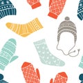 Winter vector seamless pattern with cute socks, hats Royalty Free Stock Photo