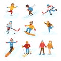 Winter vector sport activity people games cartoon boys and girls fun cold sportsmen wintertime happy illustration