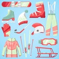 Winter vector sport and clothes icons snow ski, snowboard helmet and board, sledge mountain cold extreme sportsmen