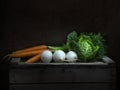 Winter vegetables still life, chiaroscuro Baroque style. Light painting. Cabbage, carrots, turnip. Royalty Free Stock Photo