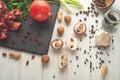 Winter vegetarian, vegan food cooking ingredients. Flat lay of vegetables, fruits, beans, kitchen utensils, olive oil on a white Royalty Free Stock Photo