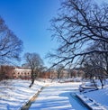 A winter view along a frozen Riga canal in sunny day. Royalty Free Stock Photo