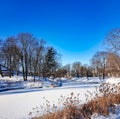 A winter view along a frozen Riga canal in sunny day. Royalty Free Stock Photo