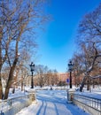 A winter view along a frozen Riga canal in sunny day. Royalty Free Stock Photo