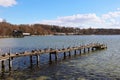 Ammersee Bavarian lake, wooden jetty with mallards