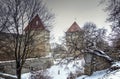 Winter view on ancient wall of old Tallinn, Estonia Royalty Free Stock Photo