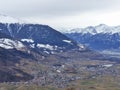 Winter view of the beautiful valley of Vinschgau Southern Tyrol. Snow at tops of mountains. In the valley of the village and locks