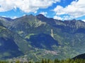 Winter view of the beautiful valley of Vinschgau Southern Tyrol. Snow at tops of mountains. In the valley of the village and locks