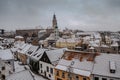 Winter view of Cesky Krumlov,Czech Republic.Famous Czech medieval town with Renaissance and Baroque castle on steep rock above Royalty Free Stock Photo